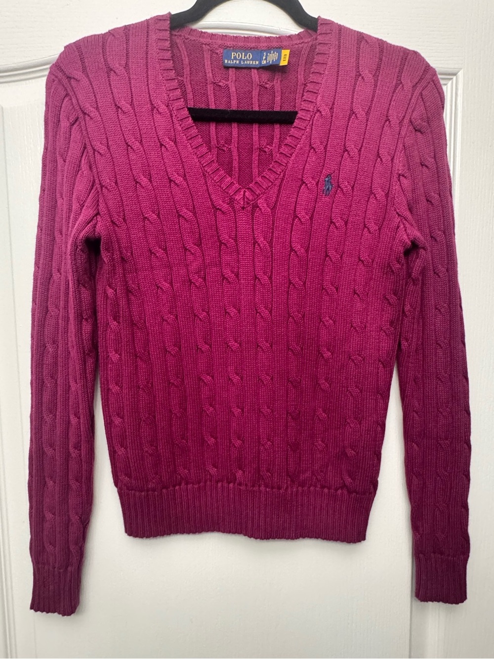 NWOT Polo Ralph Lauren Cable Knit V-Neck Sweater Plum Navy Pony S